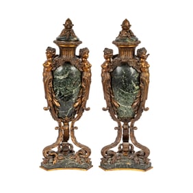 A Pair of Gilt Metal-Mounted Verde Antico Marble Vases and Covers