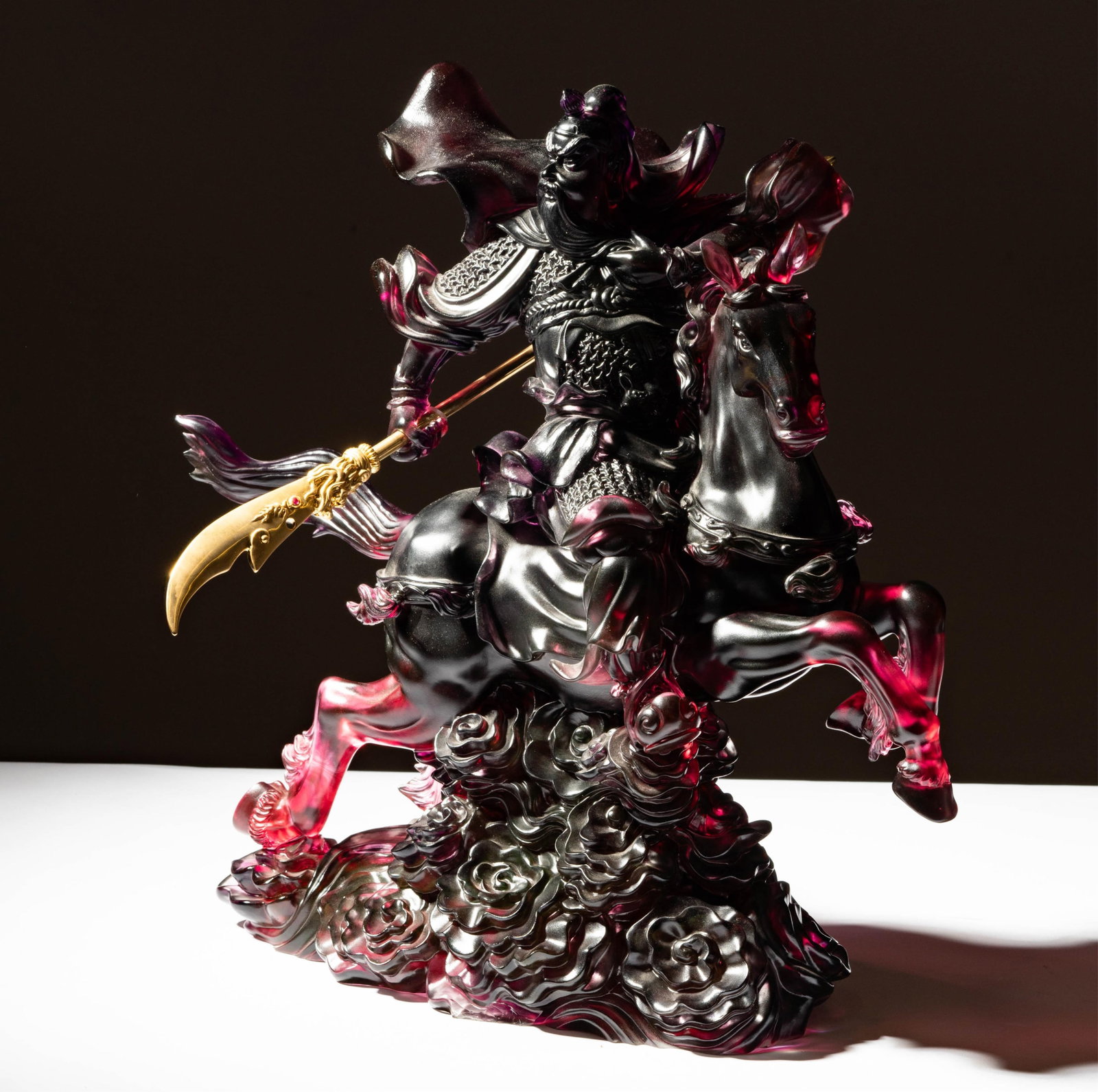 A Liuli Pate de Verre Guangong: Courageous of General Guan Gong - Righteous One; Taiwan, late 20th/21st century; with 24K gold-plated sword, with original wooden box 6 x 18 1/2 x 8 1/2 in. (66 x 47 x 21.6 cm.), With original box: 16