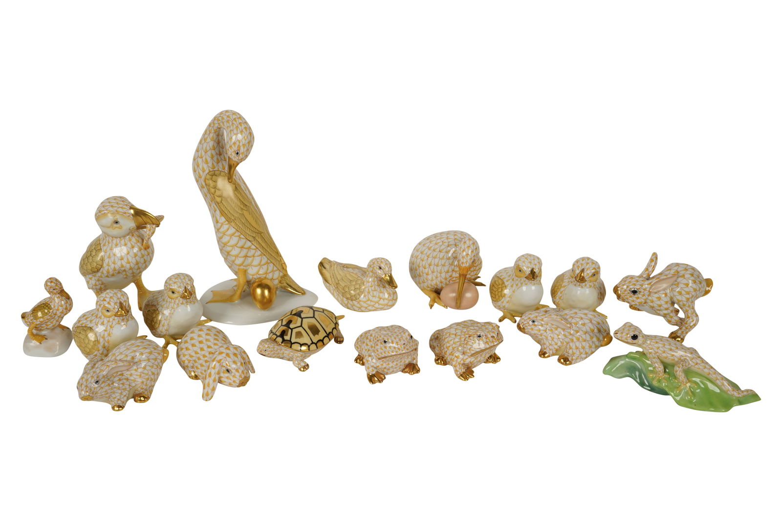 A Group of Herend Yellow Fishnet Porcelain Animal Figures (1 of 8)