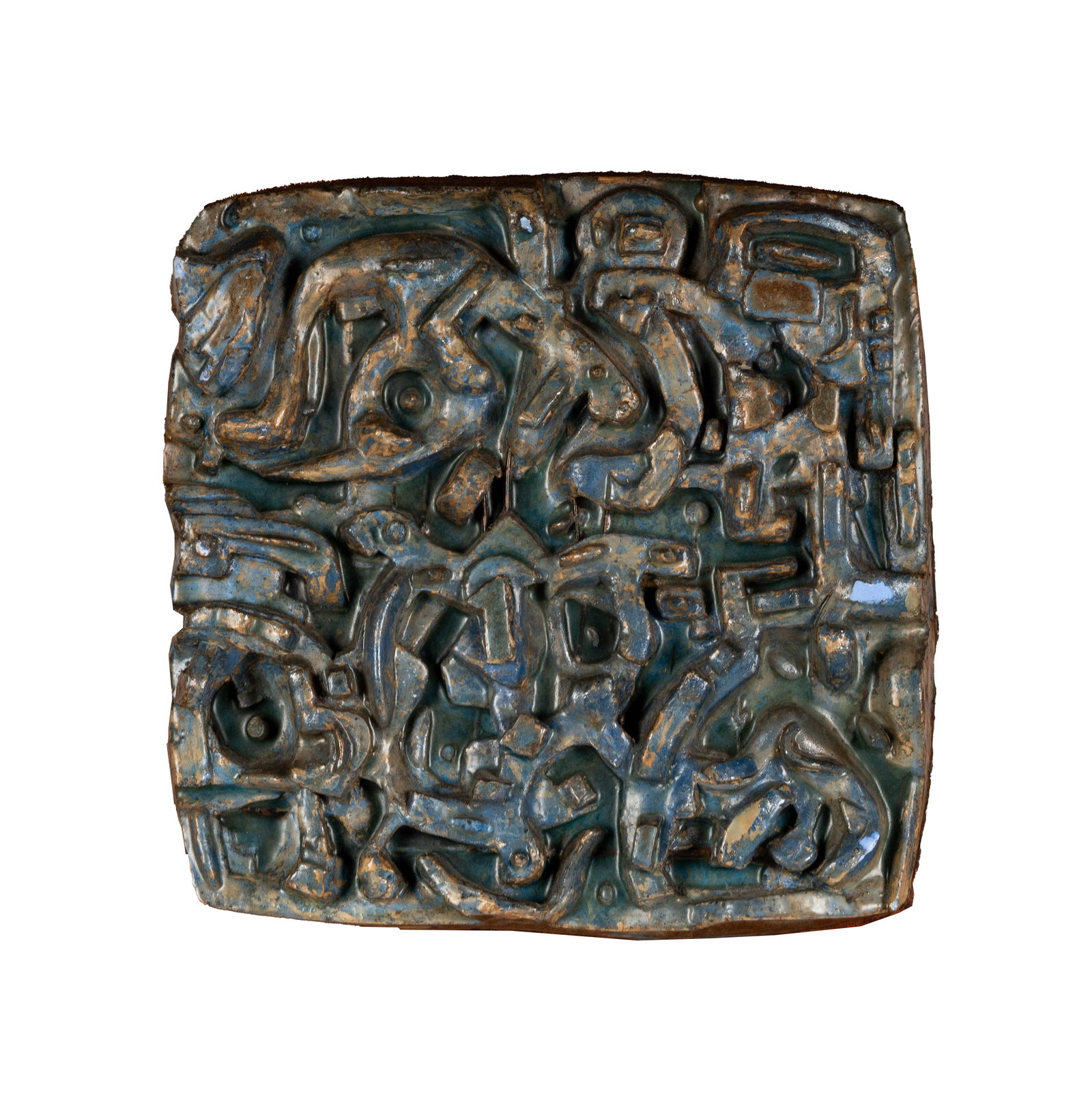 Arthur Secunda (1927-1922): Blue Complex: fired terracotta and polyester-coated resin on walnut relief plaque; 1961; signed, titled, and dated verso 11 1/4 x 11 1/4 in. (28.6 x 28.6 cm.), Frame: 18 x 18 in. (45.7 x 45.7 cm.)