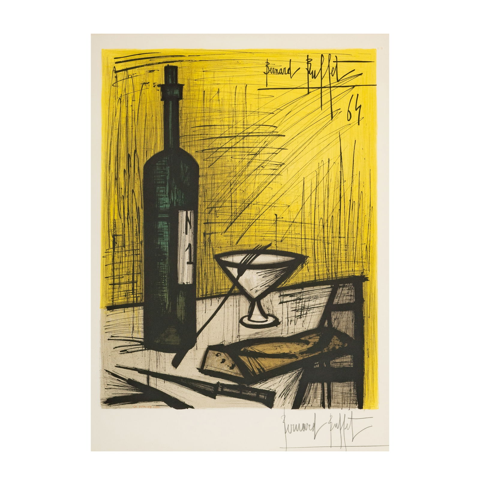 Bernard Buffet (1928-1999): Le Pain et le Vin: Bernard Buffet French 1928-1999 Le Pain et le Vin color lithograph on Rives BFK 1964; signed in pencil lower right Sight: 26 x 19 in. (66 x 48.3 cm.), Frame: 34 1/2 x 27 1/2 in. (87.6 x 69.9 cm.)