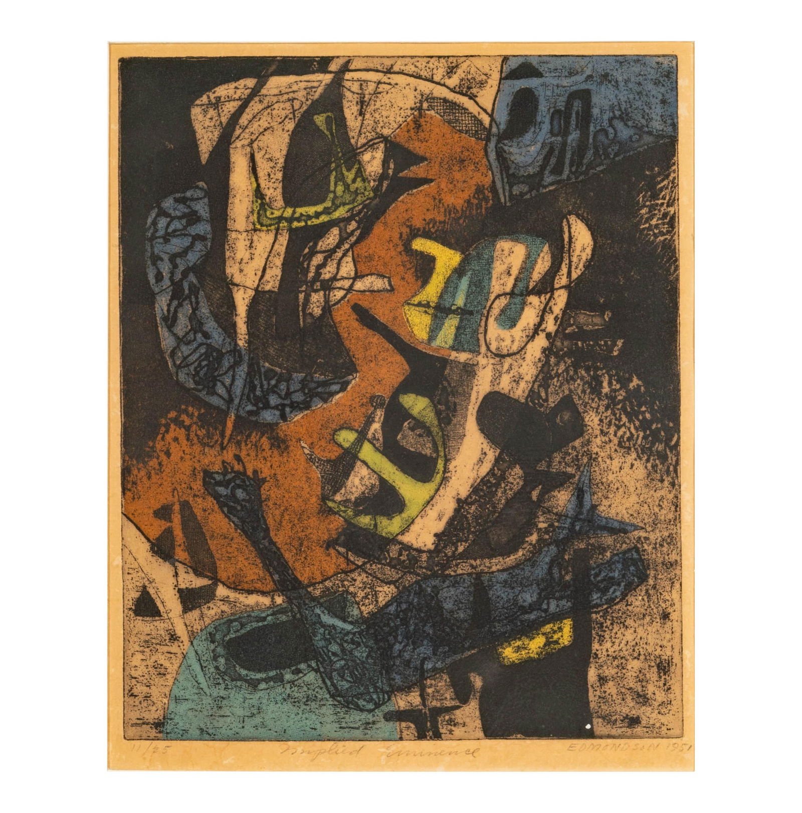 Leonard Edmondson (1916-2002): Implied Eminence: Leonard Edmondson American 1916-2002 Implied Eminence etching and aquatint on paper 1951; ed. 11/25; signed, dated, titled, and numbered in pencil to lower margin Sight: 14 1/4 x 11 1/4 in. (36.2 x 28