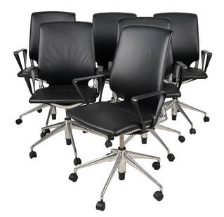 Alberto Meda for Vitra: Set of Six Conference Chairs: designed 1996, manufactured c. 2001; black leather, black mesh, aluminum; adjustable height; each with Vitra label Lowest position: 39 in. high, Highest: 43 1/2 in. high, Width: 24 in., Diameter of ba
