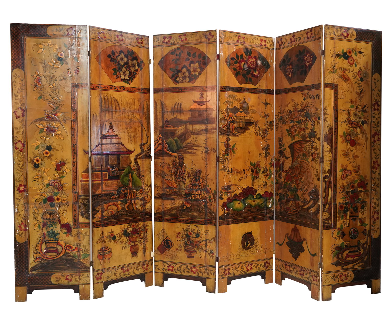A Chinese Gilt and Polychrome-Painted Six-Panel Screen (1 of 10)