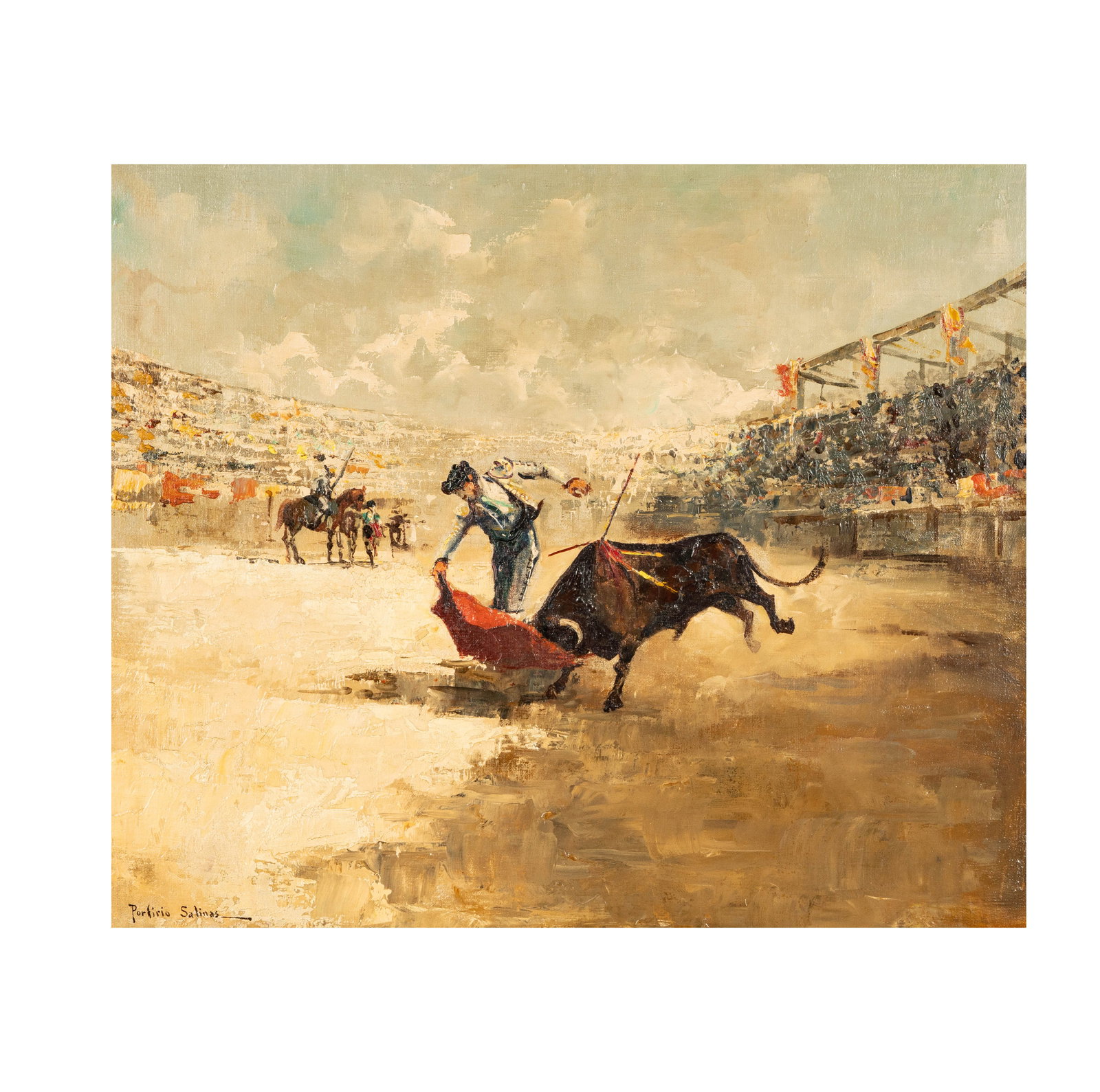 American School: Bullfighter: oil on canvas; inscribed "Porfirio Salinas" lower left 20 x 24 in. (50.8 x 61 cm.), Frame: 28 1/2 x 33 in. (72.4 x 83.8 cm.)
