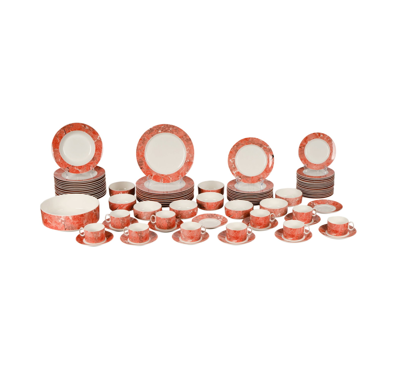 A Villeroy and Boch Porcelain Service: "Sienna" pattern, comprising ten dinner plates (10 1/2 in. dia.), ten salad plates (8 1/4 in. dia.), 16 bread plates (6 3/4 in. dia.), 14 soup plates (9 in. dia.), nine bowls (2 x 4 3/4 in.), ten cups