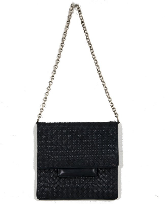 BOTTEGA VENETA NAVY BLUE INTRECCIATO LEATHER PURSE: Square form woven leather fold over purse with silver tone chain; snap closure; interior zipper pocket Made in Italy Serial Number: 10300103013BM 9 inches high; 9 inches wide; 2 inches deep; 13 inch s