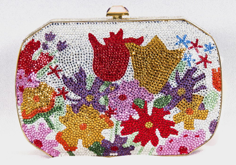 JUDITH LEIBER FULL BEADED TULIP PURSE: Silver bead background with tulips and other flowers; drop in handle; gold leather lining; includes comb, mirror, change purse, and cloth bag 4.5 inches high; 7 inches wide; 2 inches deep