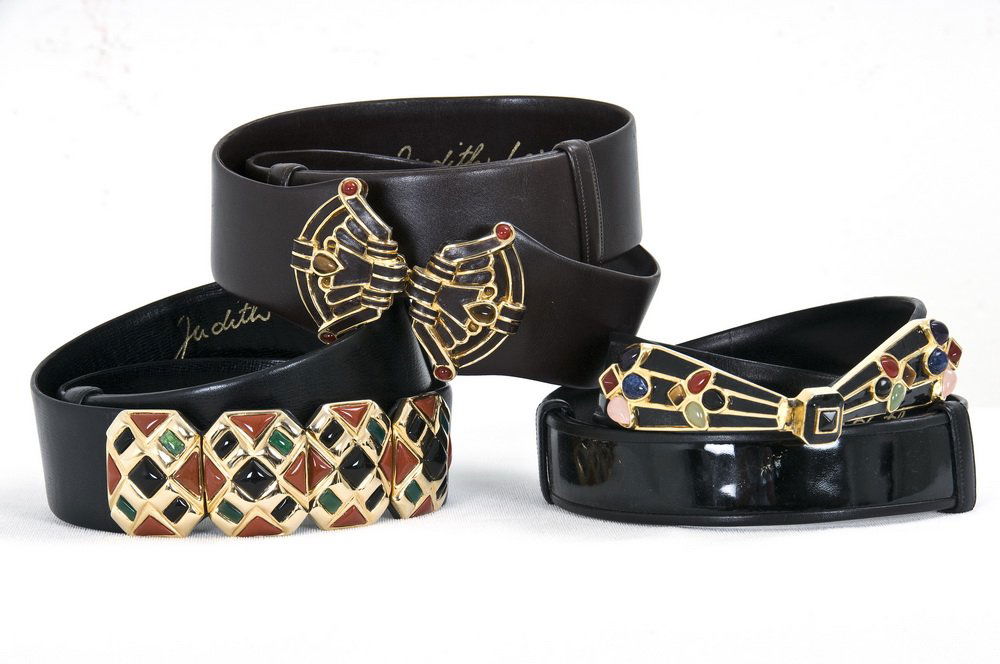 THREE JUDITH LEIBER WIDE BELTS WITH JEWELED BUCKLES: 36 inches maximum expandable length