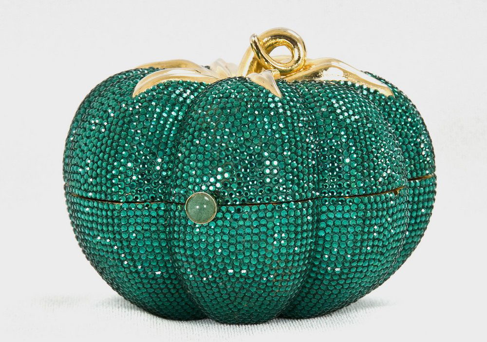 JUDITH LEIBER GREEN TOMATO MINAUDIERE: JUDITH LEIBER GREEN TOMATO MINAUDIERE WITH RHINESTONES (1990) Full bead green tomato crystal novelty evening bag; drop-in chain; jade cabochon closure; includes mirror and comb 3 inches high; 4 inches