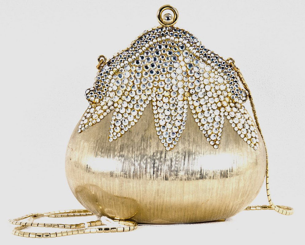 JUDITH LEIBER GOLD TONE MINAUDIERE: Florentine gold evening bag with clear crystals on the upper third of body; metal chain; gold leather lining Condition: with loose crystals 5 inches high; 5 inches wide