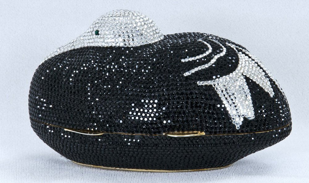 JUDITH LEIBER FULL BEADED DUCK PURSE: Black and silver crystal minaudiere; includes mirror and comb 3.5 inches high; 6 inches wide; 2.5 inches deep