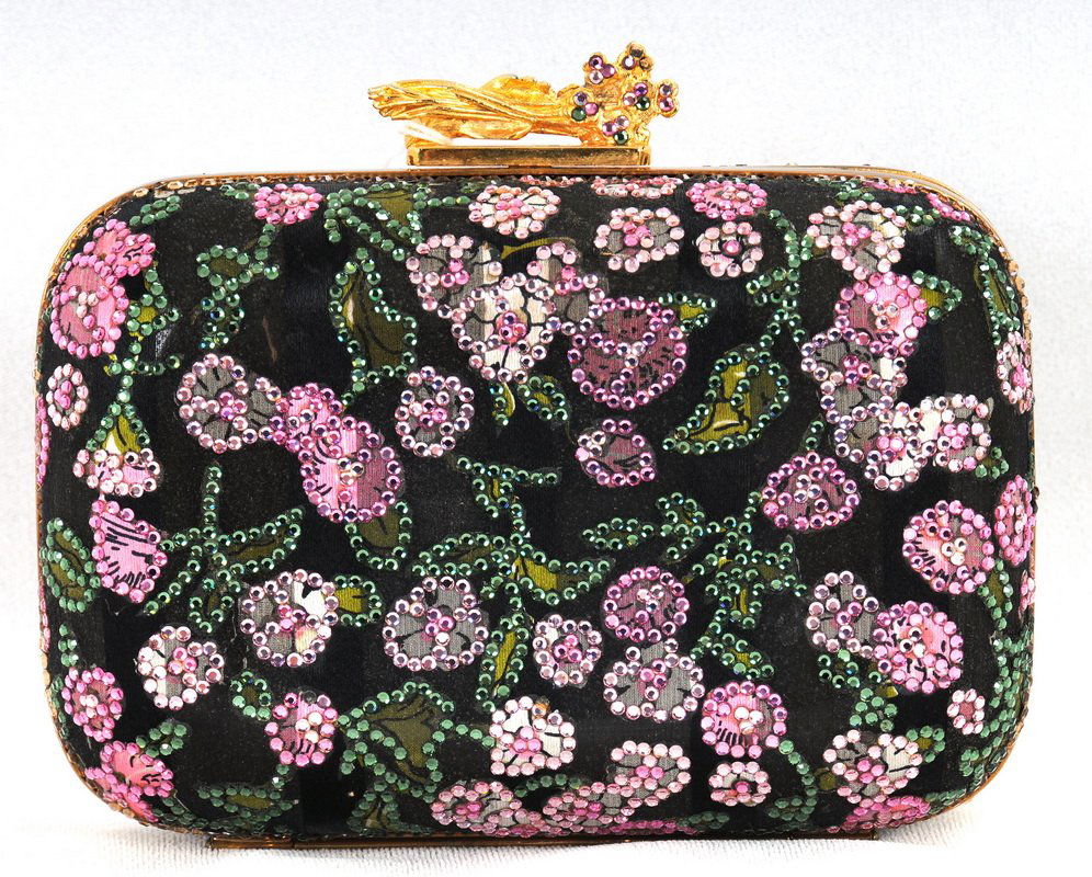 JUDITH LEIBER BEADED BLACK & PINK EVENING CLUTCH: JUDITH LEIBER FULL BEADED BLACK AND PINK EVENING CLUTCH Black body with pink flowers and green leaves; clasp of two hands holding a bouquet; drop in chain; includes black coin purse, comb, outer box a