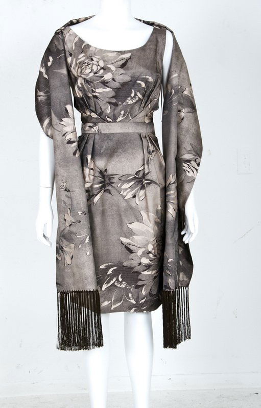 ESCADA SLEEVELESS DAY DRESS AND SHAWL: Brown floral fitted dress with large shawl; new with tag Size 40