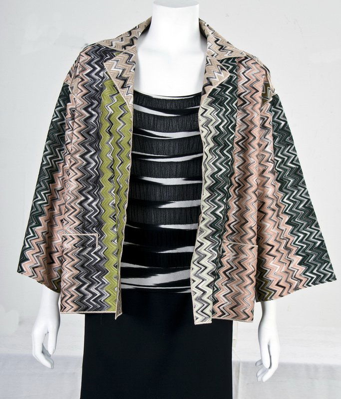 MISSONI JACKET AND STRIPED SHIRT: Shades of green, beige, black; together with Missoni black and white short sleeve shirt No size