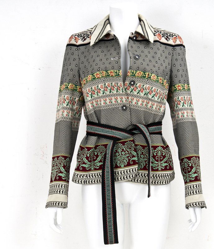 ETRO BLACK PRINT JACKET: Patchwork design with two pockets and a wrap style belt Size 44