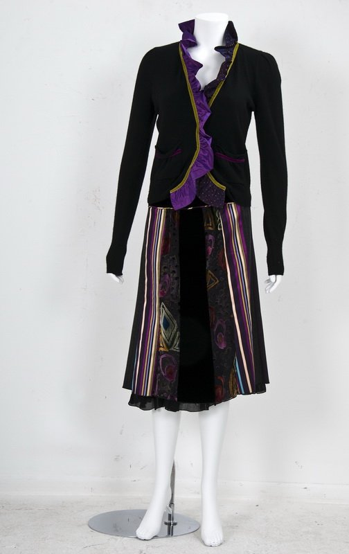 ETRO BLACK KNIT RUFFLED SWEATER AND SKIRT: Black knit with ruffle collar; black velvet skirt with patchwork stripes of various fabrics Size 42