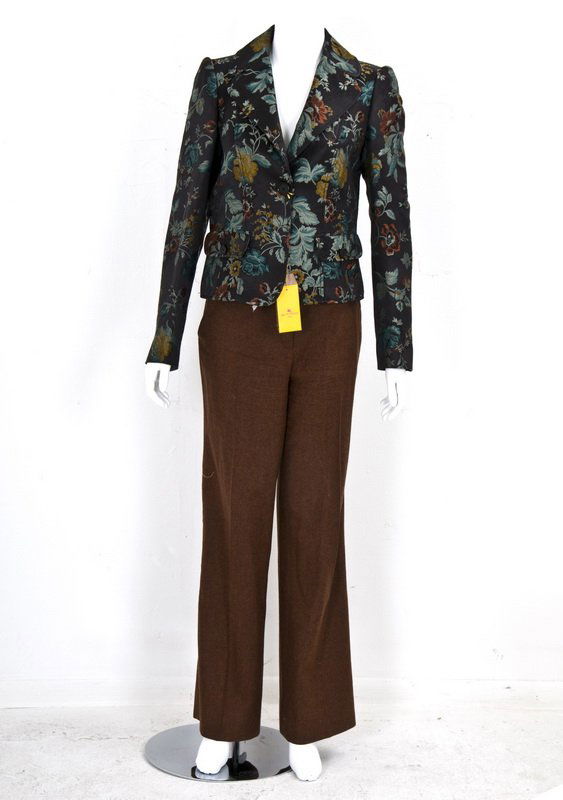 ETRO FLORAL JACKET WITH ETRO BROWN WOOL SLACKS: Two button jacket of floral design on a brown field; rust brown wool slacks; new with tags Jacket: Size 44