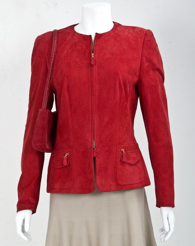 RED SUEDE ESCADA SPORT JACKET AND MATCHING PURSE: Leather jacket with zipper front and two pockets; matching red purse size 40
