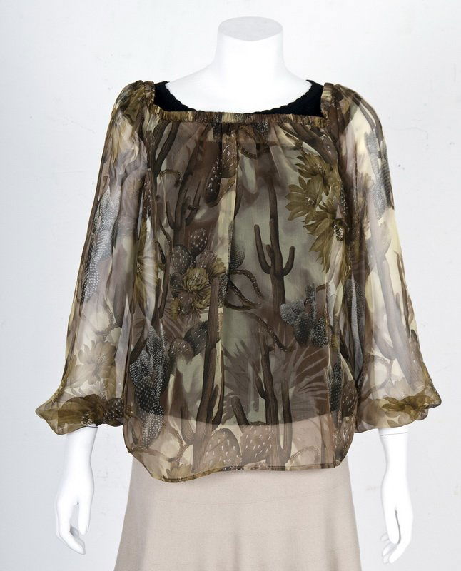 VERSACE PATTERN BLOUSE: Green and brown sheer print of cactus Size 42