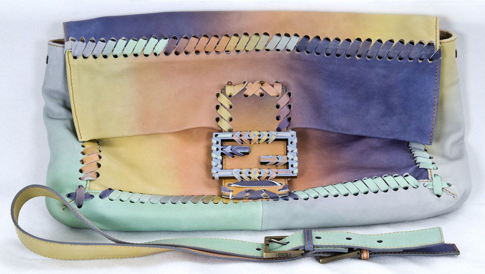 FENDI PASTEL LEATHER PURSE: Multi-color large clutch with detachable shoulder strap; strips of woven leather detail; suede lining and snap closure Made in Italy 9 inches high; 14 inches wide
