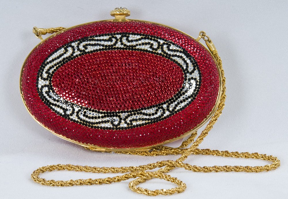 JANICE TEPLEY WRIGHT RED RHINESTONE EVENING BAG: Full beaded oval minaudiere in red, black and silver crystals; gold metal rope chain 4 inches high; 6 inches wide