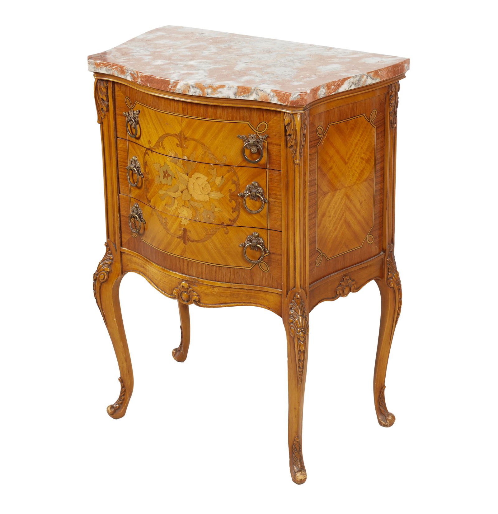A Marble-Top Marquetry Petite Commode: 20th century 28 1/2 x 20 3/4 x 13 in. (72.4 x 52.7 x 33 cm.)