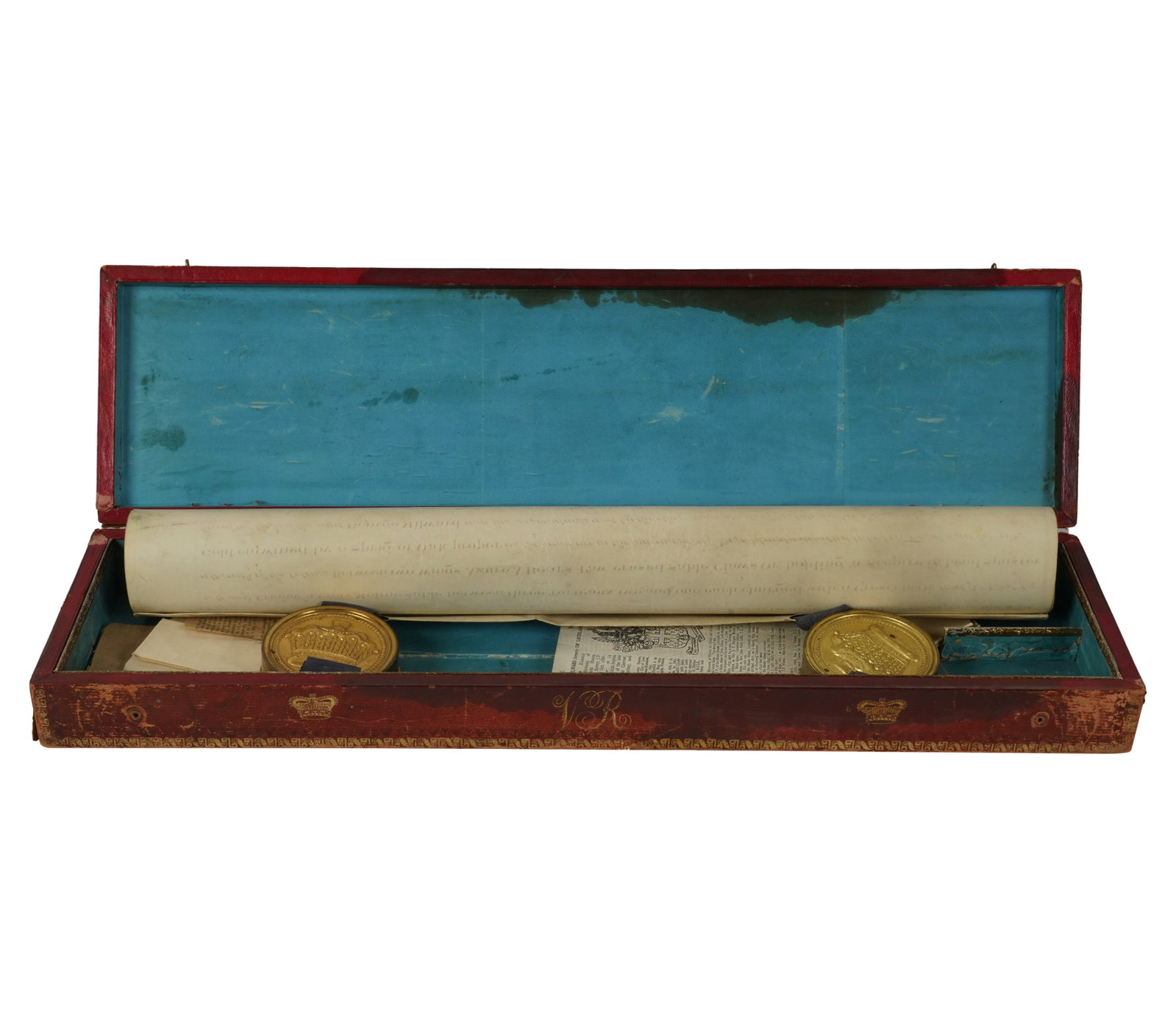 An English Letters Patent Reign of Queen Victoria: granting arms to George Milward of Lechlade, Gloucester, dated 6 May in the second year of her reign; with two seals and red leather case stamped in gilt "VR" Case: 2 1/4 x 22 1/4 x 5 3/4 in. (5.7 x 5