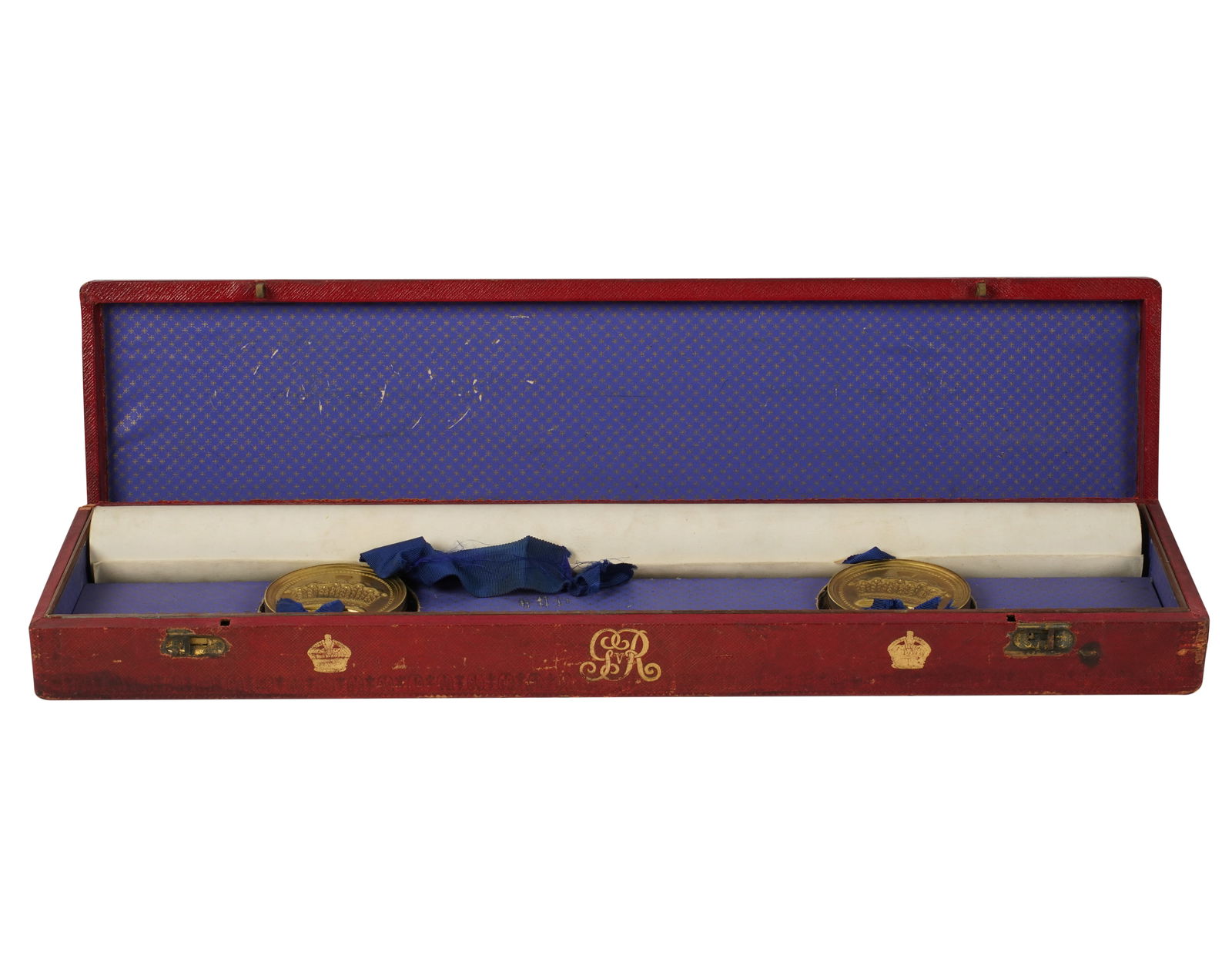 An English Letters Patent Reign of George V: granting arms to Henry Thomas Cart of Kensington, dated 1914; with two seals and red leather case stamped in gilt "GR" Case: 2 1/2 x 22 1/4 x 5 3/4 in. (6.4 x 56.5 x 14.6 cm.)