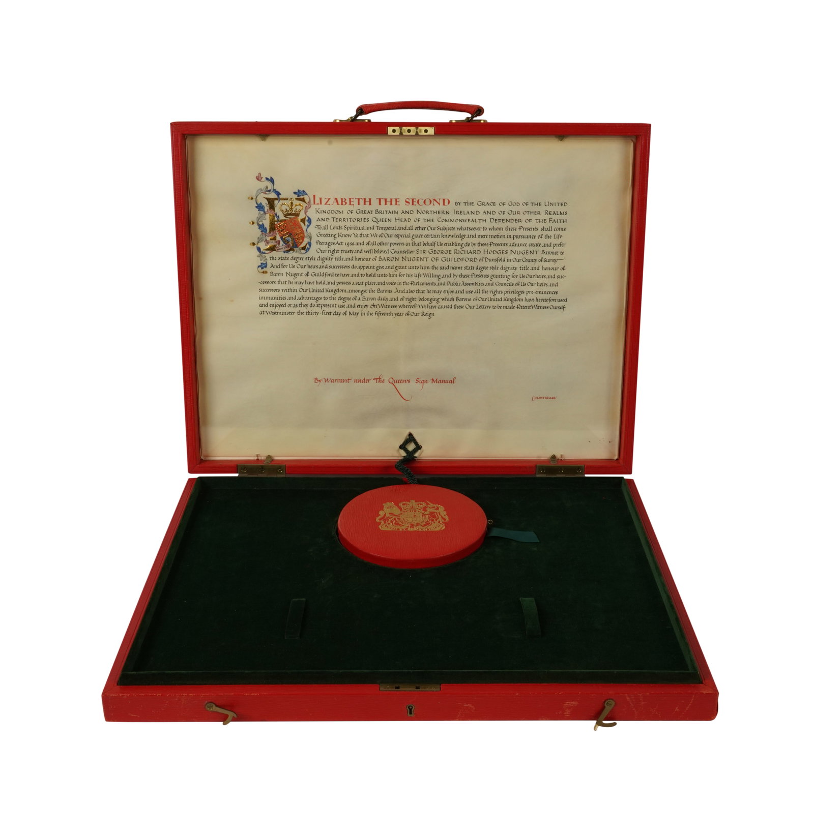 An English Letters Patent Reign of Elizabeth II: granting the title of Baron Nugent of Guilford to Sir George Richard Hodges Nugent, dated 31 may in the 15th year of her reign; handwiritten and illuminated, with wax seal in gilt-stamped case 2 3/4 x