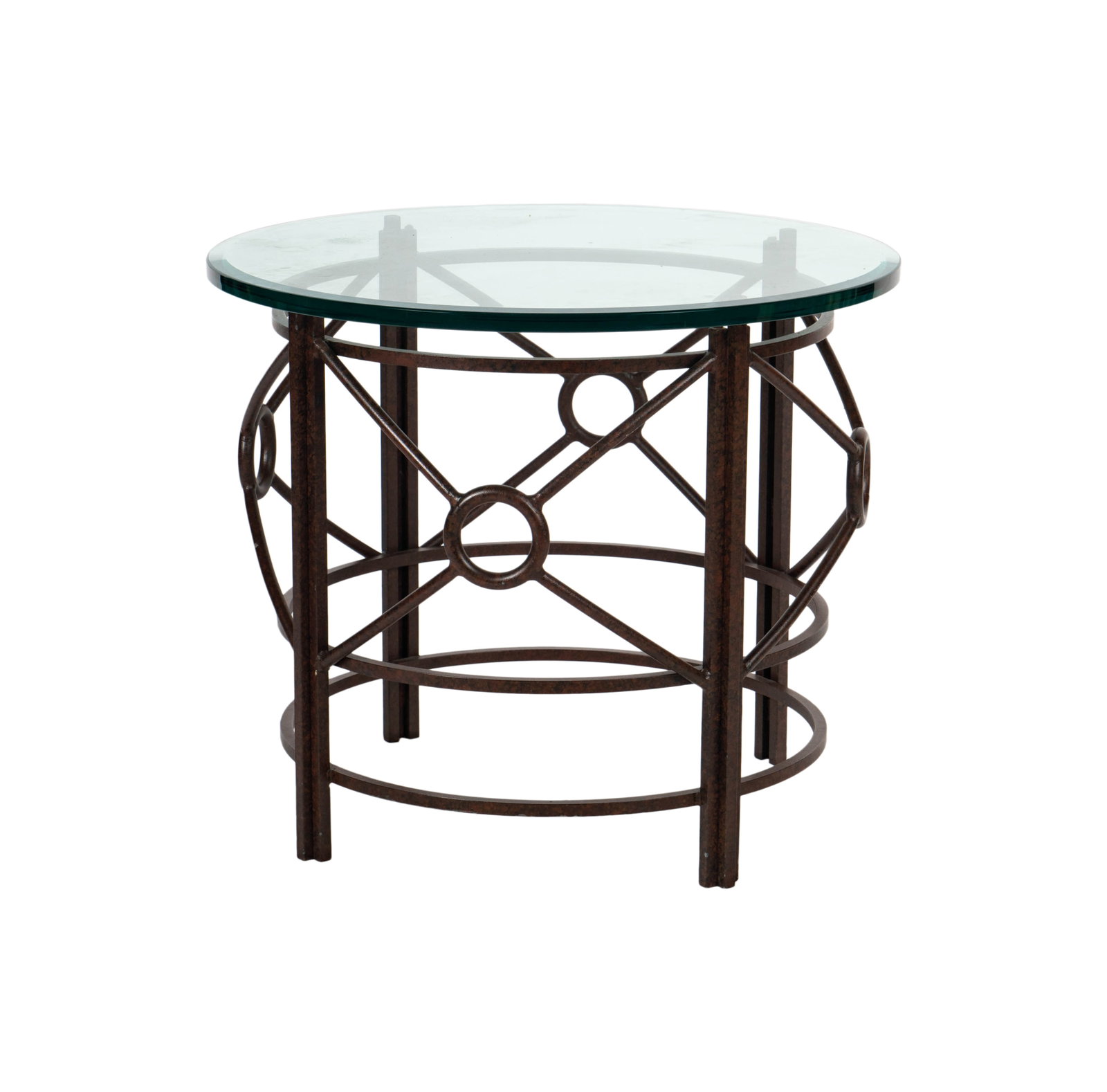 A Metal and Glass End Table: the round top with beveled edge, the base with dark finish 21 3/4 x 26 in. (55.2 x 66 cm.)