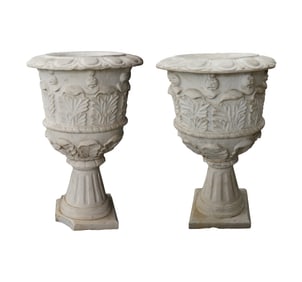 A Pair of Neolassical-Style Carved Marble Garden Urns