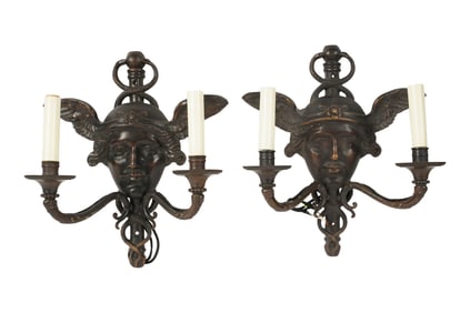 A Pair of Bronze Twin-Light Sconces