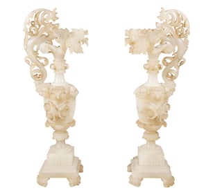 A Pair of Italian Carved Alabaster Ewers