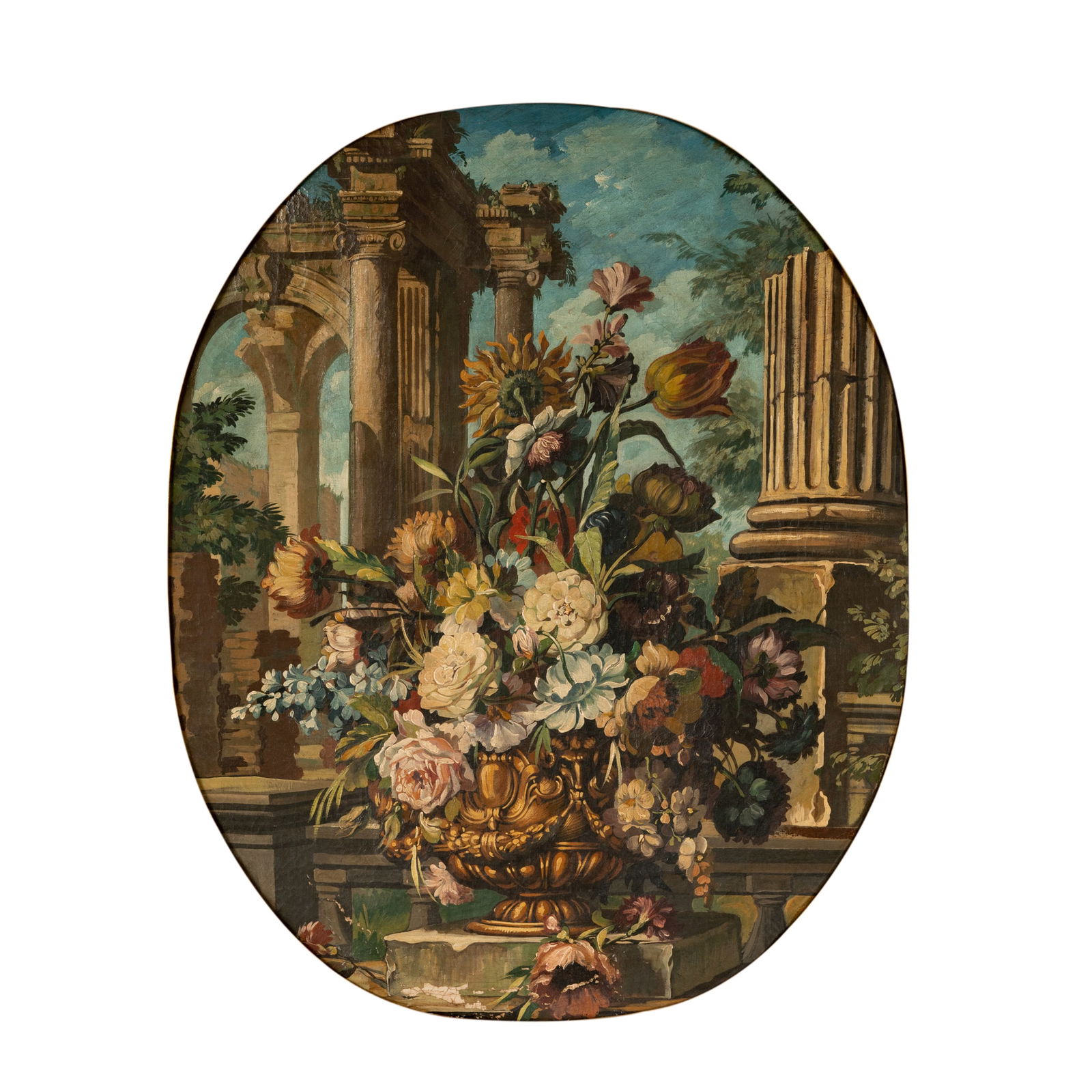 Continental School: Capriccio with Floral Still Life: oil on canvas, relined; unsigned 38 1/2 x 31 in. (97.8 x 78.7 cm.), Framer: 39 x 32 in.