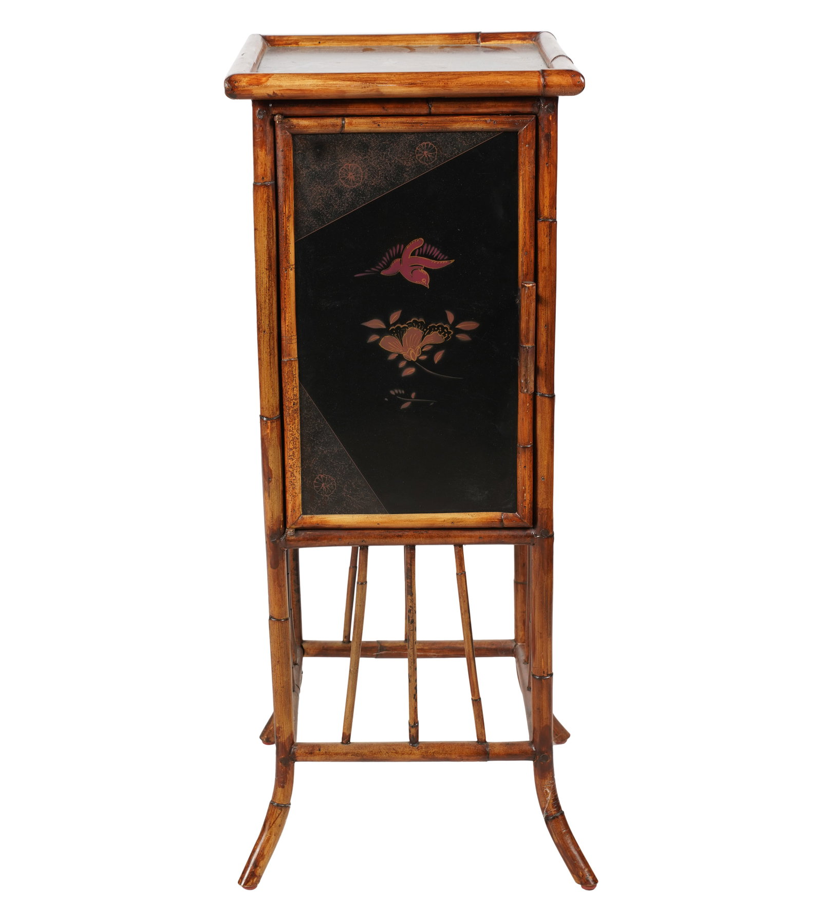 A Burnt Bamboo and Lacquer Cabinet: England or France, late 19th/early 20th century 35 1/2 x 14 x 14 in. (90.2 x 35.6 x 35.6 cm.)