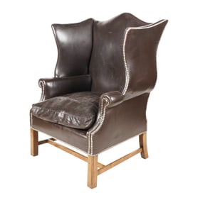 A Rose Tarlow Chippendale-Style Brown Leather Wing Chair