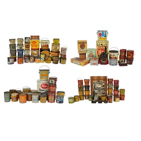 A Group of Peanut Butter Tins and a Cast Iron Mechanical Bank