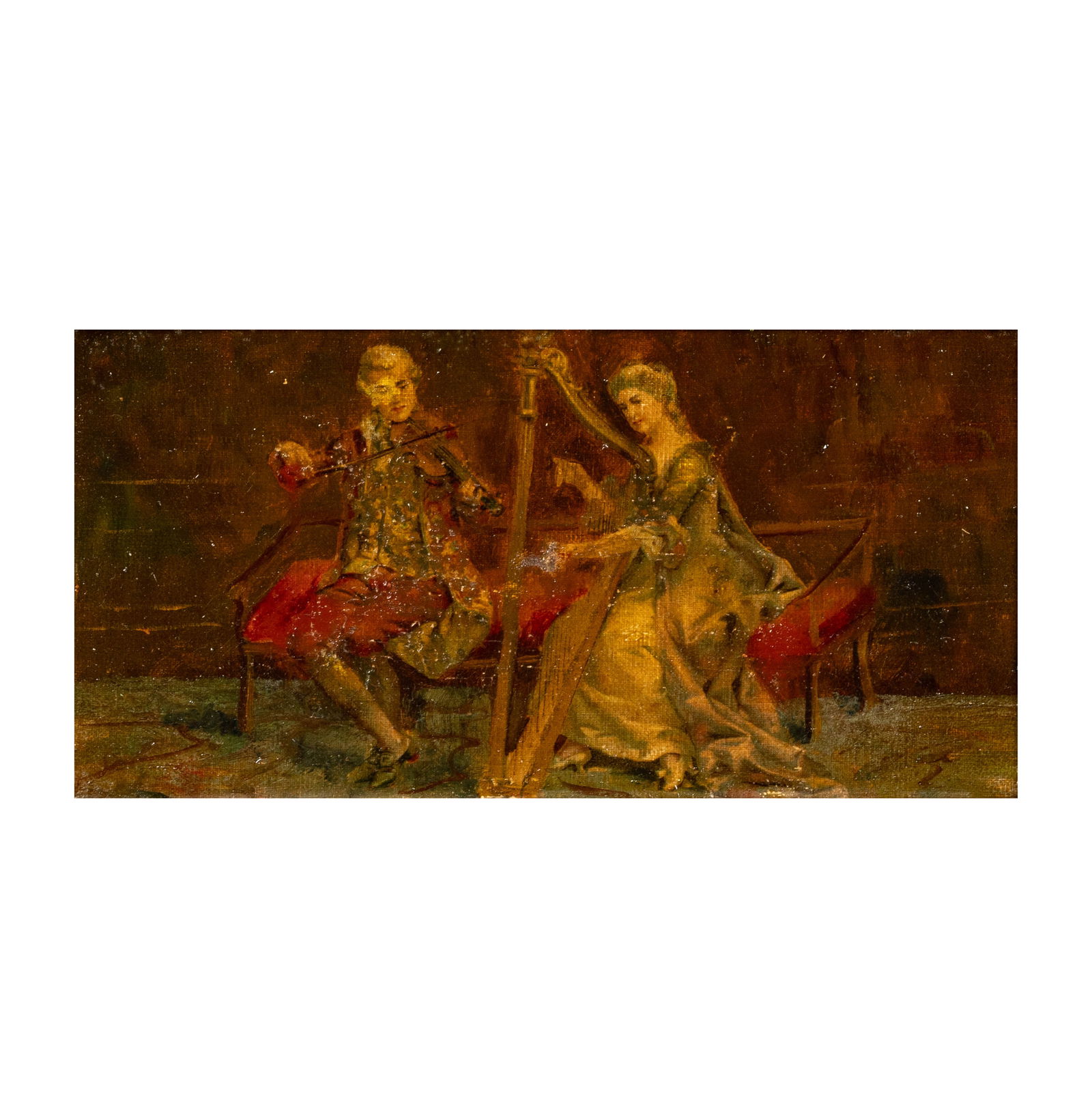 Continental School: Musicians: oil on canvas; unsigned 5 x 10 in. (12.7 x 25.4 cm.)