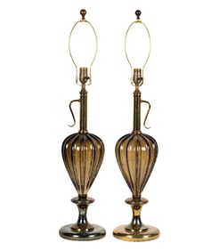 A Pair of Brass and Glass Ewer-Form Table Lamps