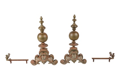 A Pair of Antique Baroque-Style Brass Andirons