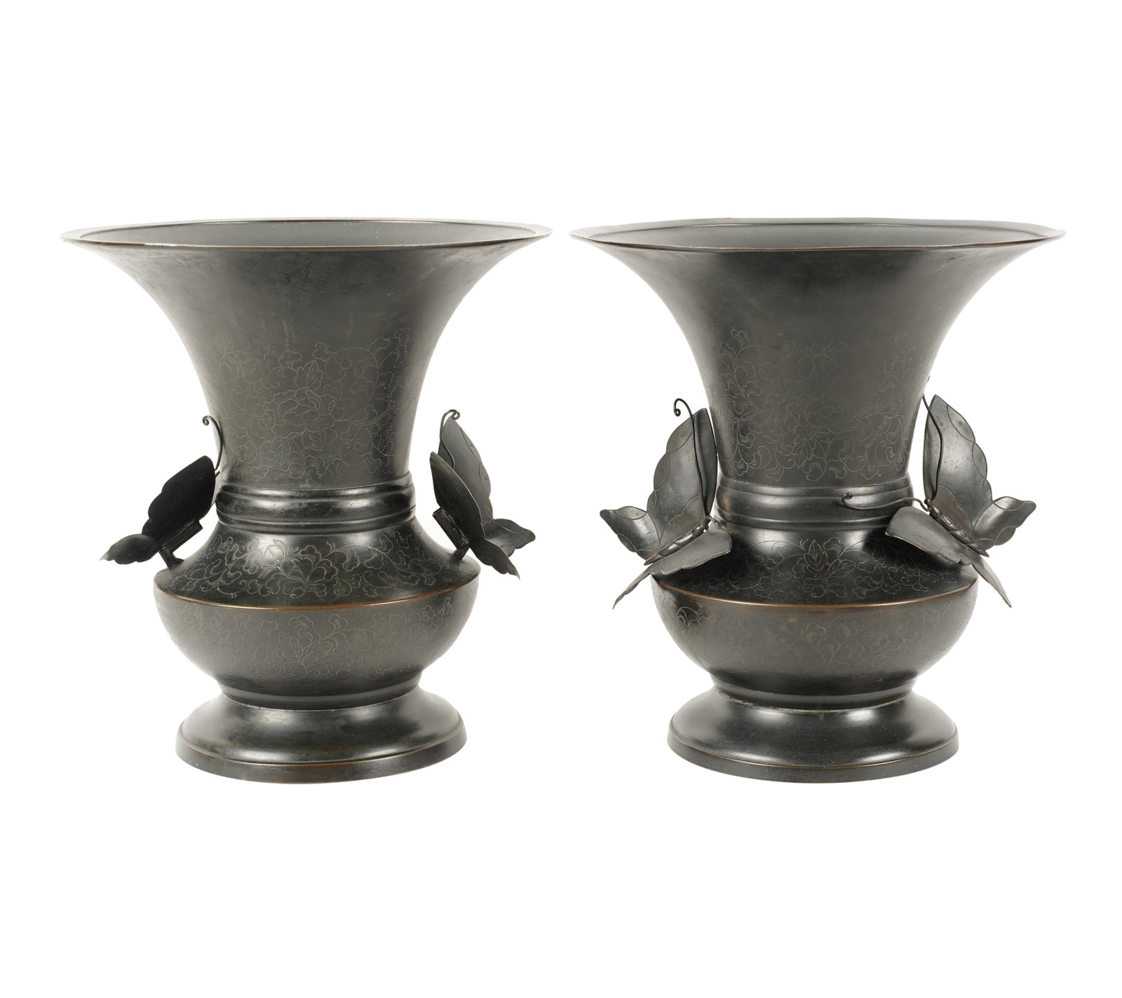 A Pair of Japanese Bronze Urns: each with incised floral decoration to neck and body, and mounted with a pair of butterflies to shoulder; unmarked 11 3/4 x 11 in. (29.8 x 27.9 cm.)