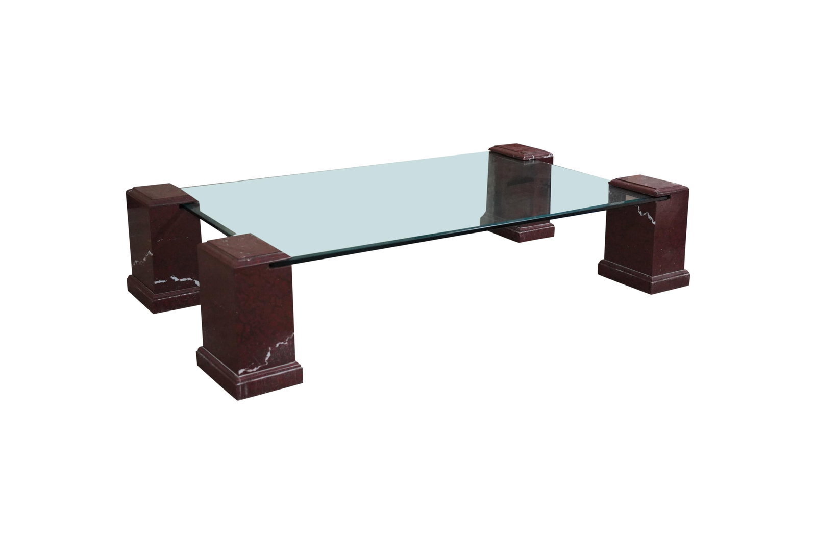 A Glass and Rouge Marble Coffee Table: maker unknown 18 3/4 x 82 x 48 in. (47.6 x 208.3 x 121.9 cm.)