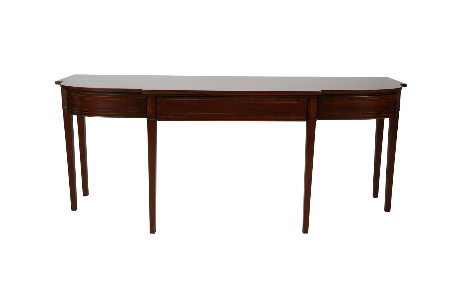 An English Mahogany Sideboard: c. 1940; with three frieze drawers, line inlay and cross-banding 30 3/4 x 77 x 26 in. (78.1 x 195.6 x 66 cm.)