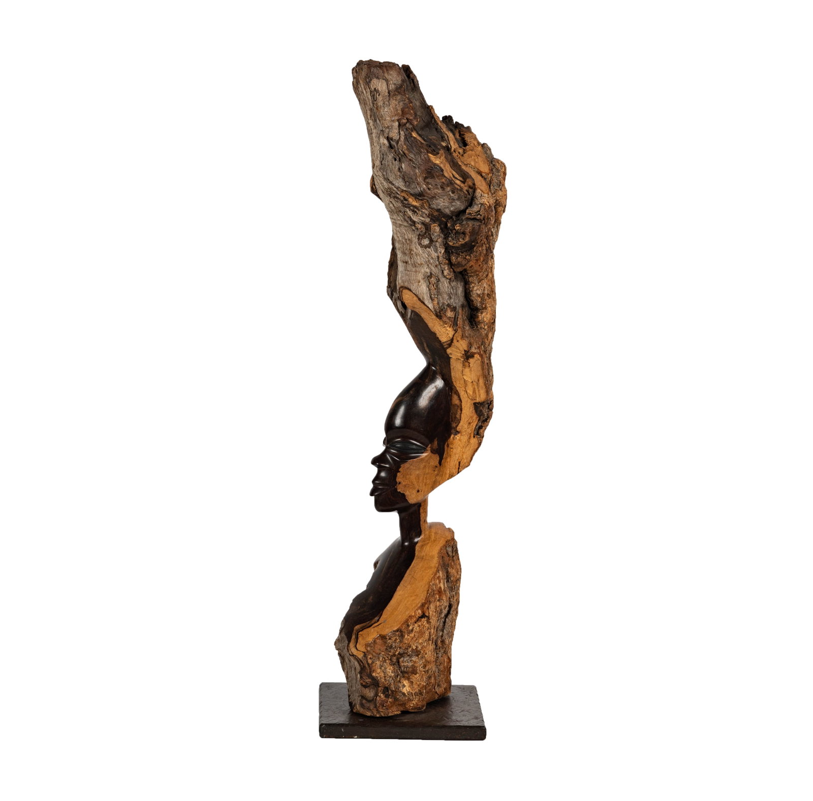 An African Carved Ironwood Bust: mounted to an iron plinth; unsigned 32 x 8 x 8 in. (81.3 x 20.3 x 20.3 cm.)