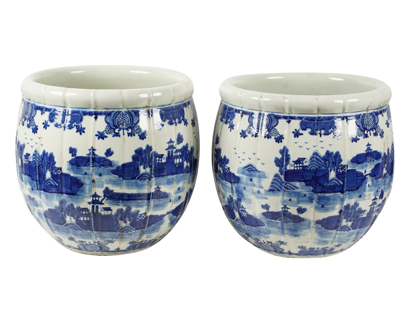 A Pair of Chinese Blue and White Porcelain Planters: unmarked 16 x 16 x 16 in. (40.6 x 40.6 x 40.6 cm.)