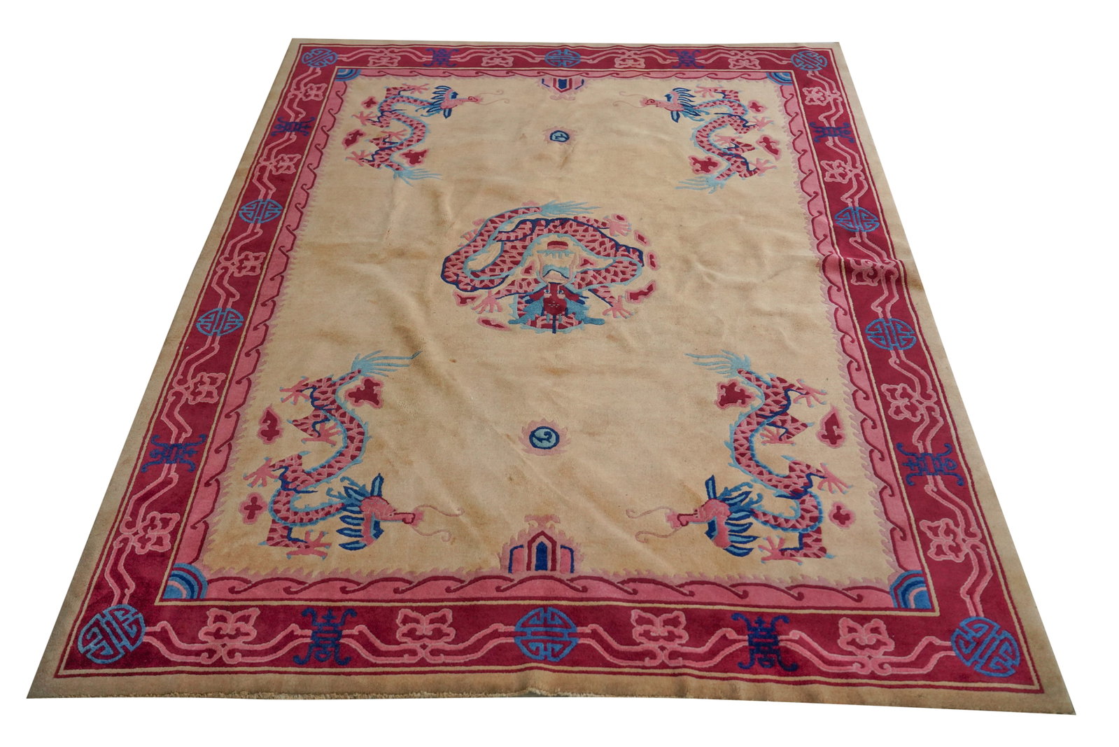 A Walter Nicholas Art Deco Chinese Dragon Rug: wool on cotton 8'6" x 7'1"