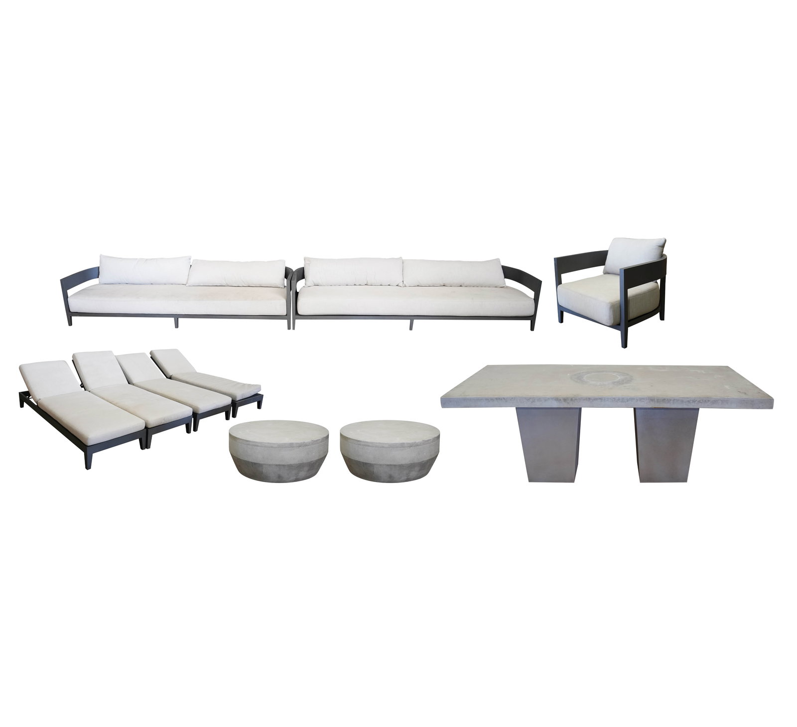 A Set of Restoration Hardware Patio Furniture: comprising two sofas (24 x 108 x 30 in.), club chair (24 x 31 1/2 x 32 in.), four lounges (10 x 79 1/2 x 27 1/2 in.), two end tables (14 1/2 x 35 in.), and dining table (29 x 79 x 39 1/2 in.) [10 piec