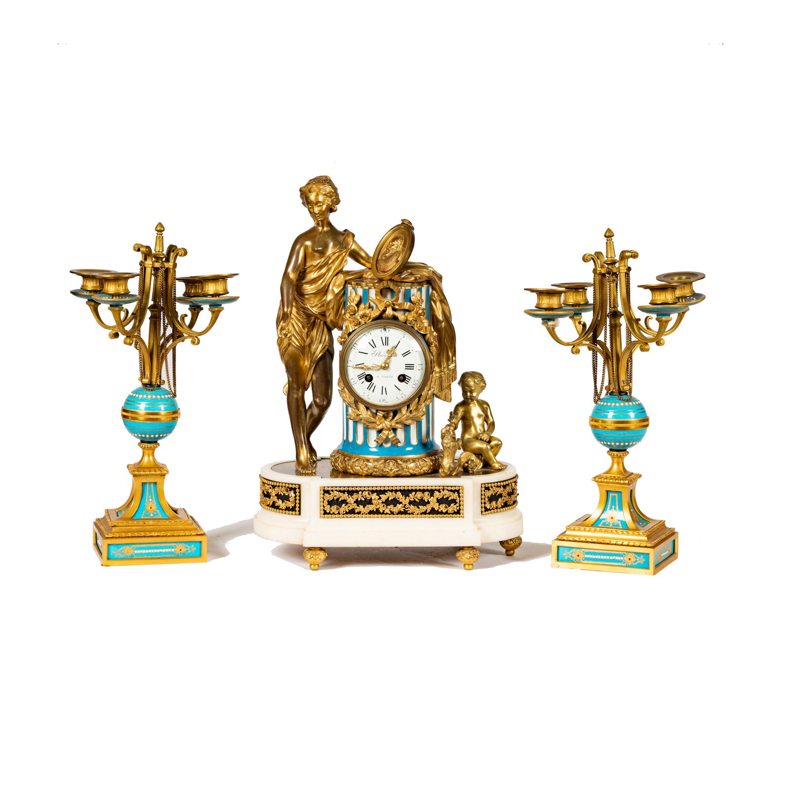 A French Gilt Bronze and Porcelain Clock and A Pair of Candelabra (1 of 19)
