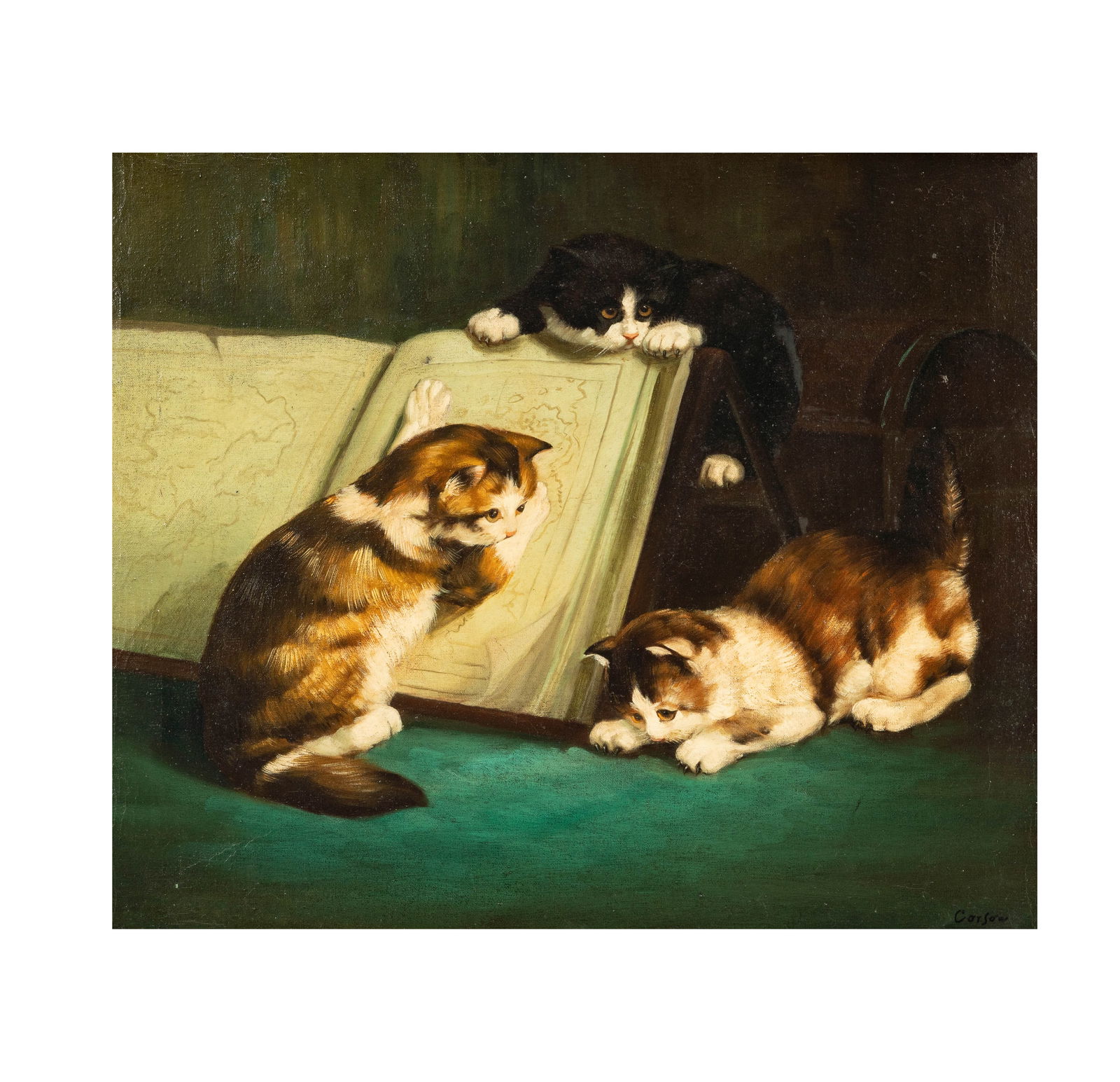 Continental School: Cats with Book: oil on canvas, signed lower right 20 x 24 in. (50.8 x 61 cm.) Provenance: A private estate, San Marino CA